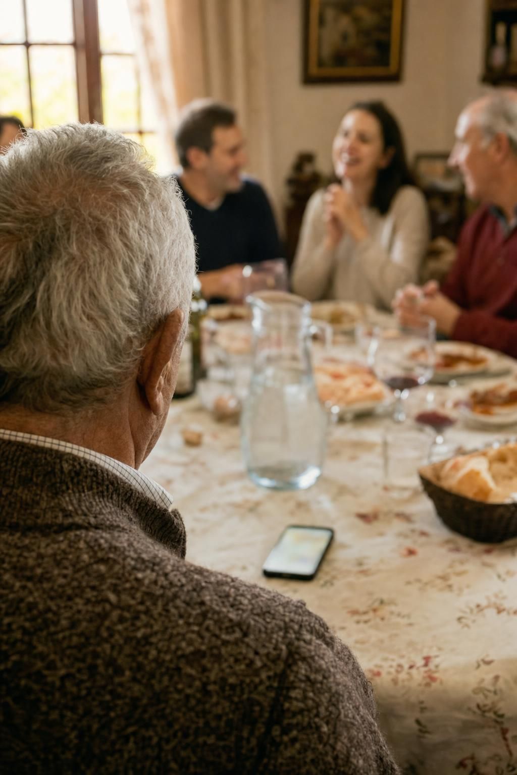An older man at a family lunch, seen from behind, reading his phone on the table while his family talks.