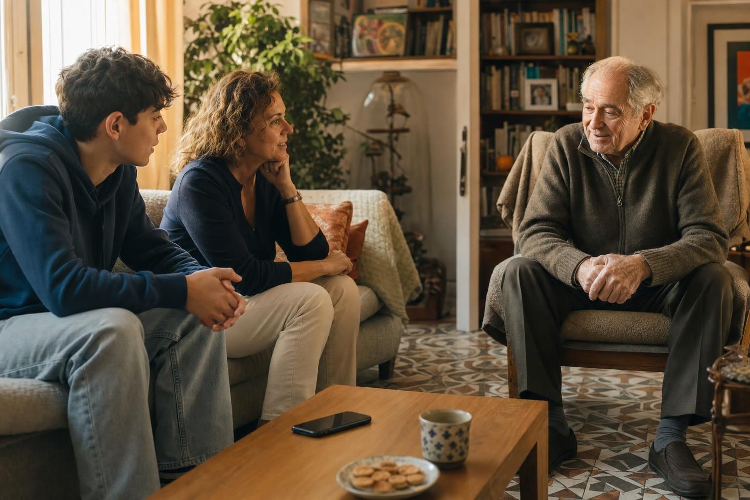 An older man in an armchair talks with his visitors; a phone lies on the coffee table between them.